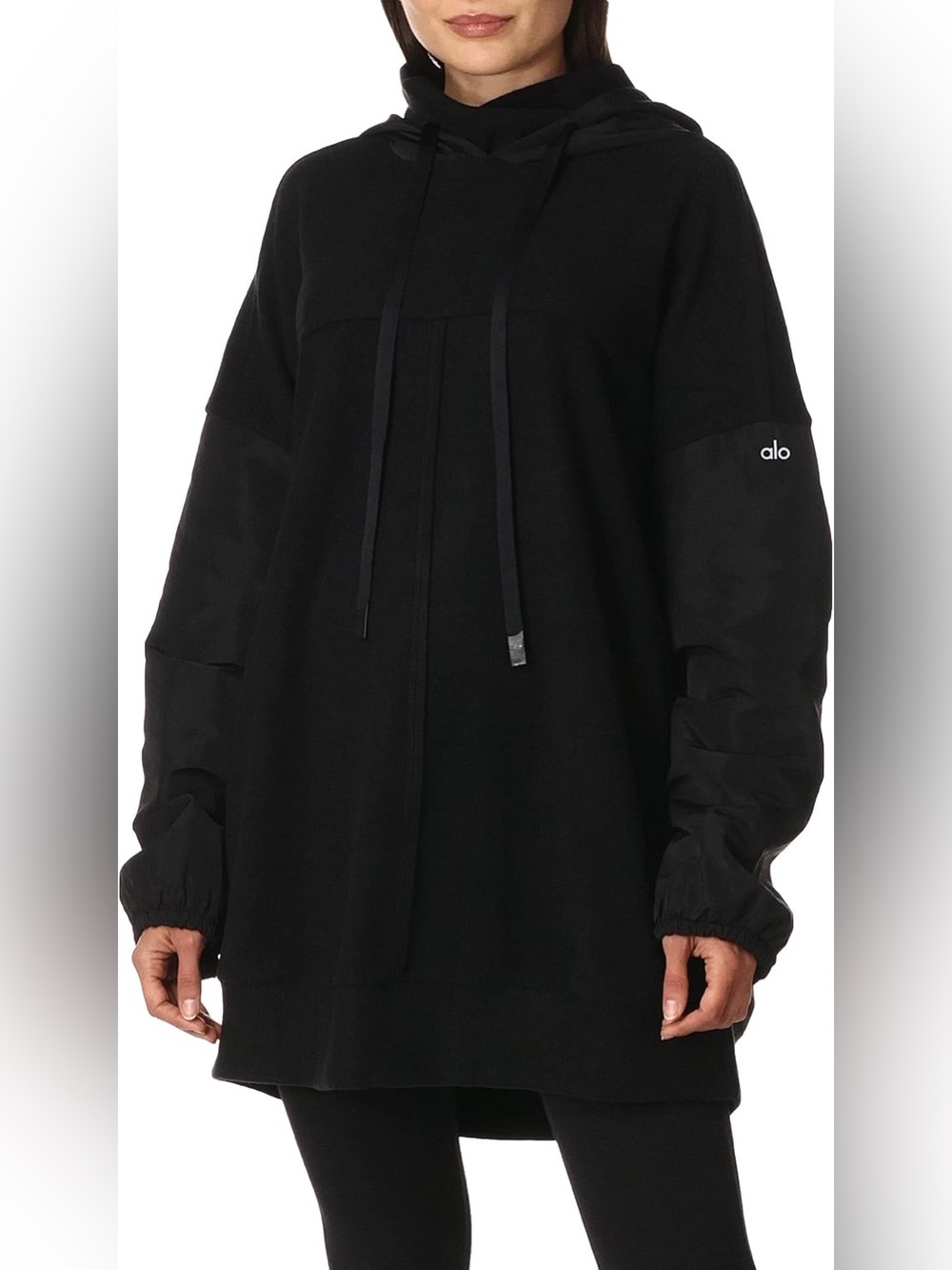 Alo Yoga Mixed Media Pullover Fleece Oversized Hoodie Sweatshirt Black Medium